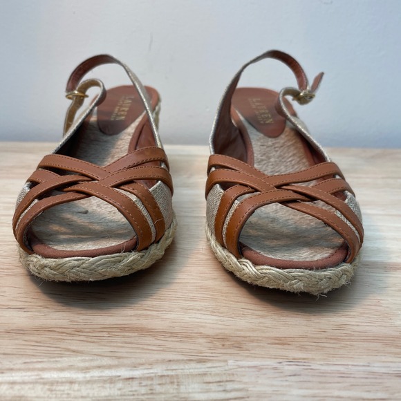 Lauren Ralph Lauren Candice Wedge Sandals Gold Linen Brown Espadrille 8.5B - Picture 3 of 10
